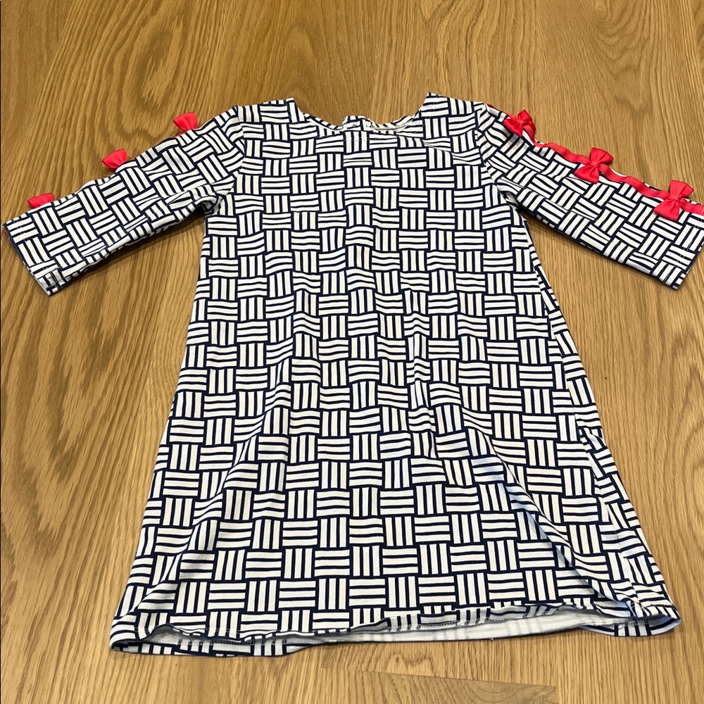 Navy and White Geometric Dress with Pink Accents